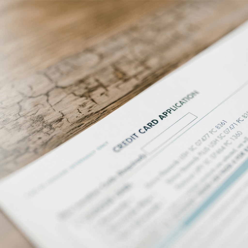 A credit card application form placed on a wooden table, with a pen beside it.