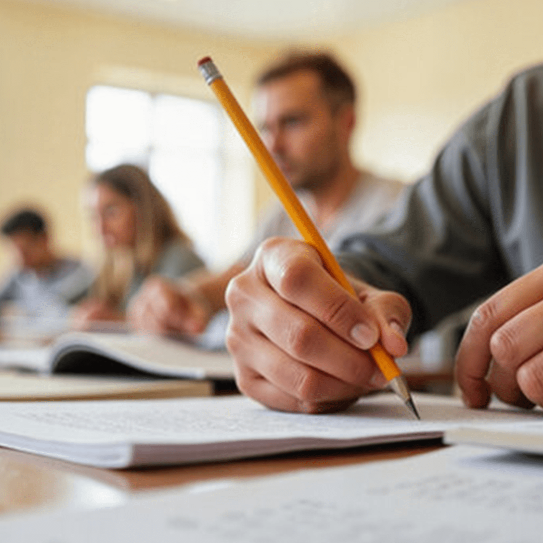 Close-up of a person writing with a pencil on paper in a classroom, with other students seated and working in the background.
